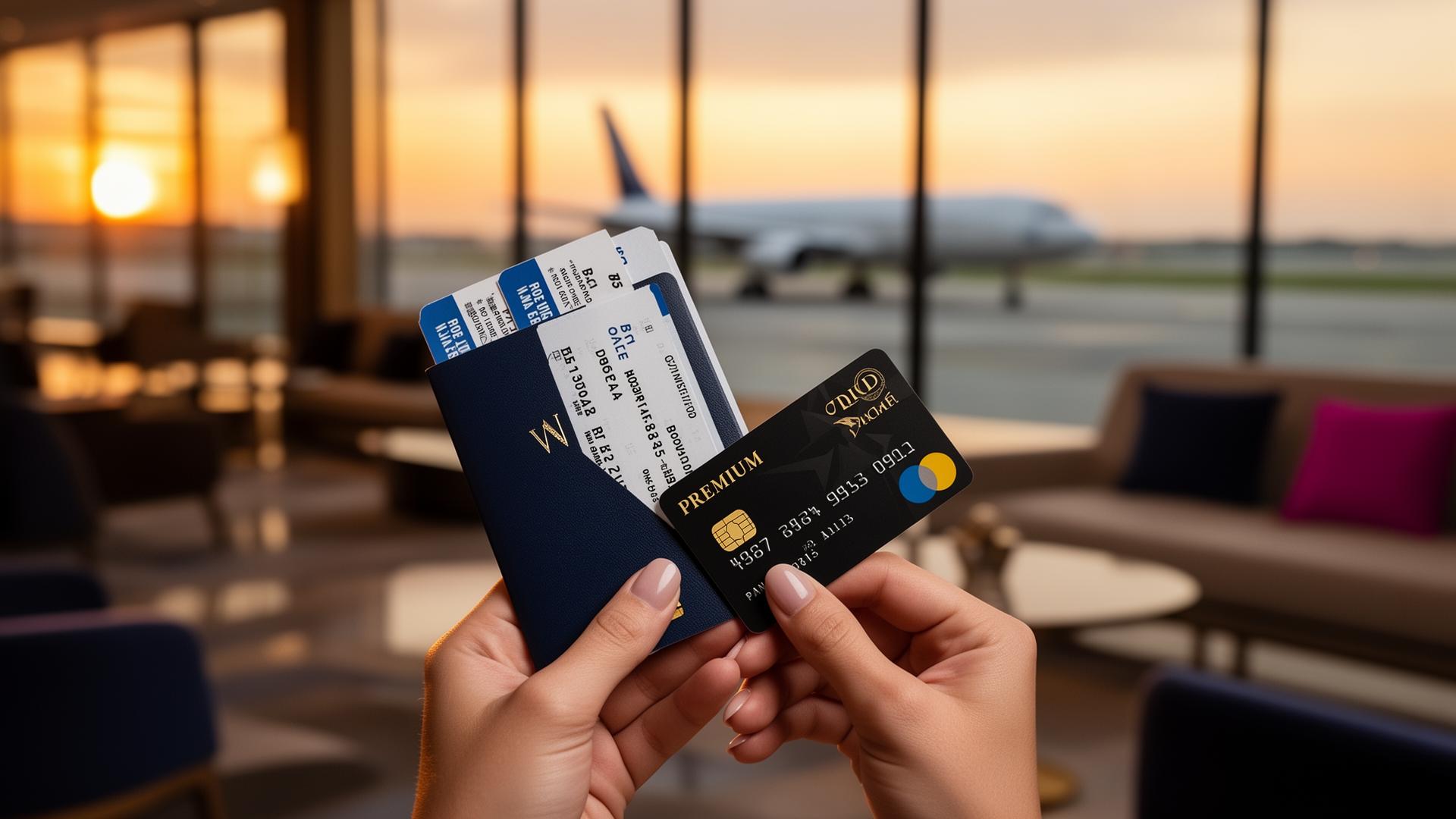 Passaporte, cartões e embarque em sala VIP no aeroporto